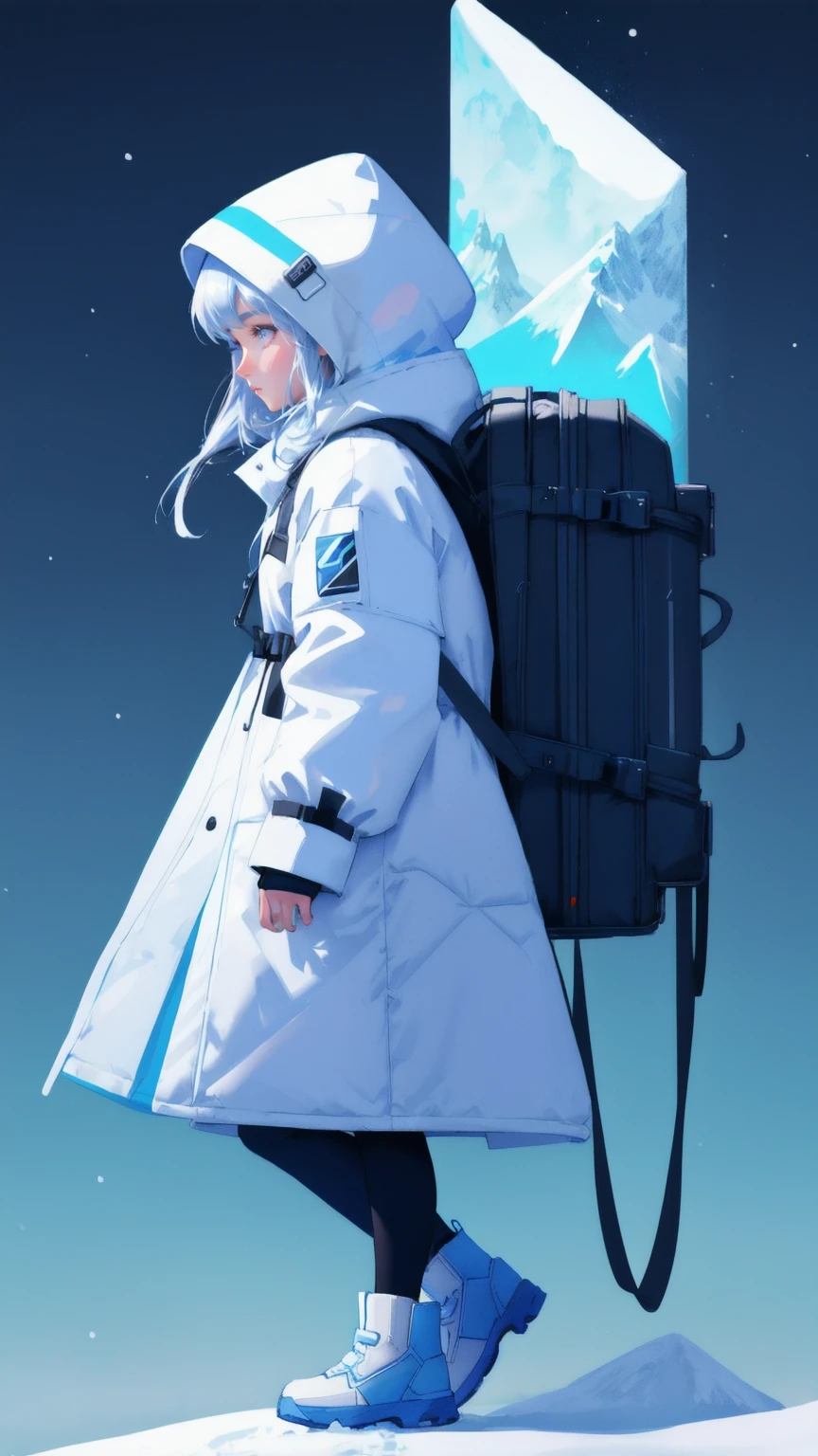 
there is a beautiful cute girl  walking in the snow with a backpack, looks ready and strong, holding survival gear, showing they’re prepared for a tough market.concept art inspired by Josan Gonzalez, cg society contest winner, conceptual art, jen bartel, carrying survival gear, detailed digital illustration, with a snowy mountain and ice, bitcoin, package cover, peak experience ”, detailed 2d illustration, 8 0 k, 80k, crypto, winter concept art.the blue background