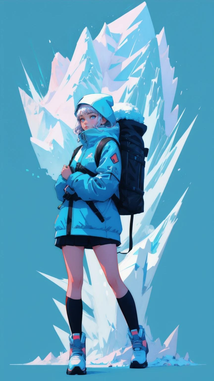 there is a beautiful cute girl walking in the snow with a backpack, looks ready and strong, holding survival gear, showing they’re prepared for a tough market.concept art inspired by Josan Gonzalez, cg society contest winner, conceptual art, jen bartel, carrying survival gear, detailed digital illustration, with a snowy mountain and ice, bitcoin, package cover, peak experience ”, detailed 2d illustration, 8 0 k, 80k, crypto, winter concept art.the blue background