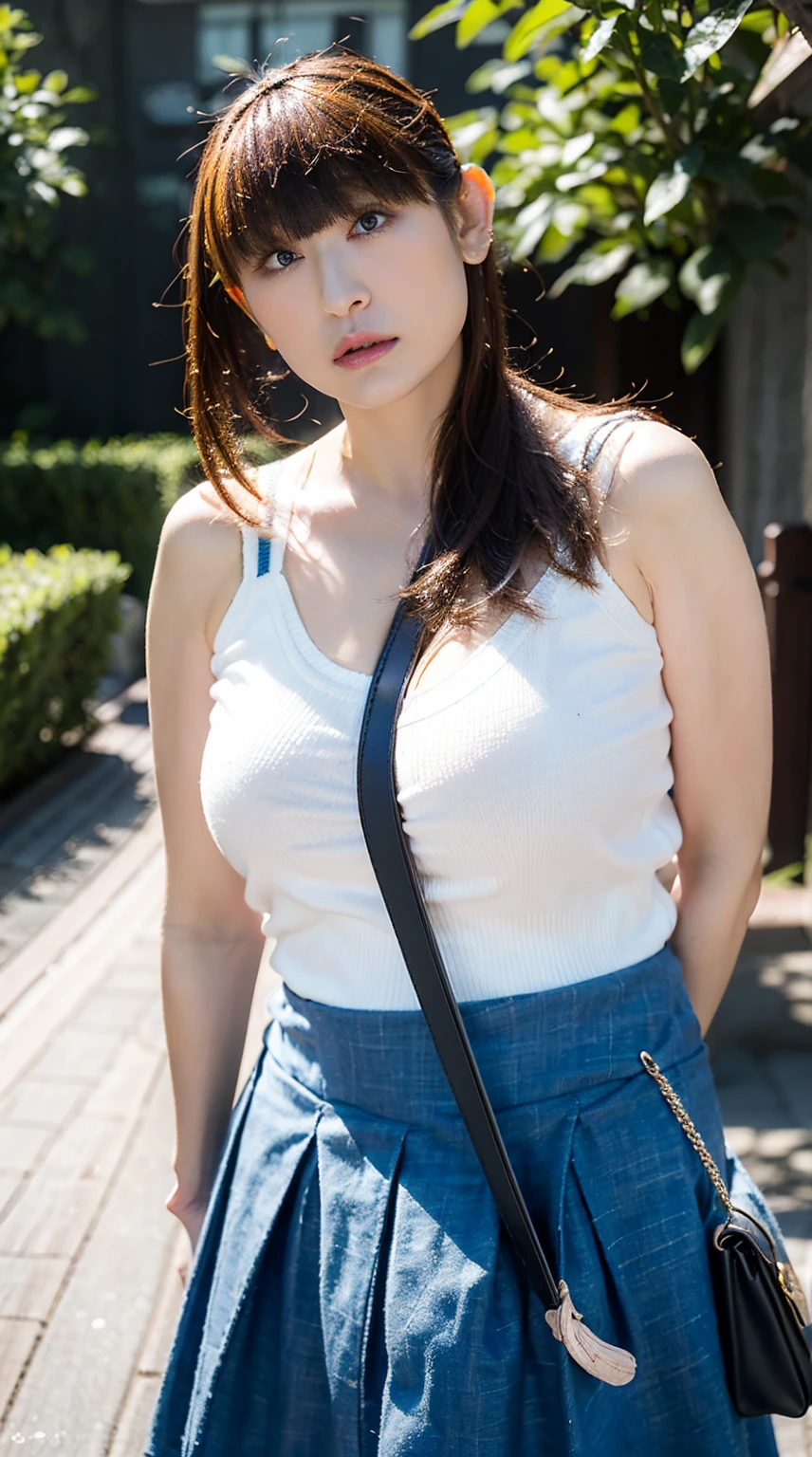  Highest quality, shape, Very detailed, finely, High resolution, 8k wallpaper, Perfect dynamic composition, Beautiful and exquisite,  Natural Lip, whole body, front,Shyness、Embarrassed expression、(Huge breasts:1.4)、Slightly sagging breasts、Pleated skirt、((Looking into the camera))、sweater、(((1 crossbody bag)))、Sleeveless sweater,Straps to be placed between the breasts, The shoulder straps pass through the chest, bag, 