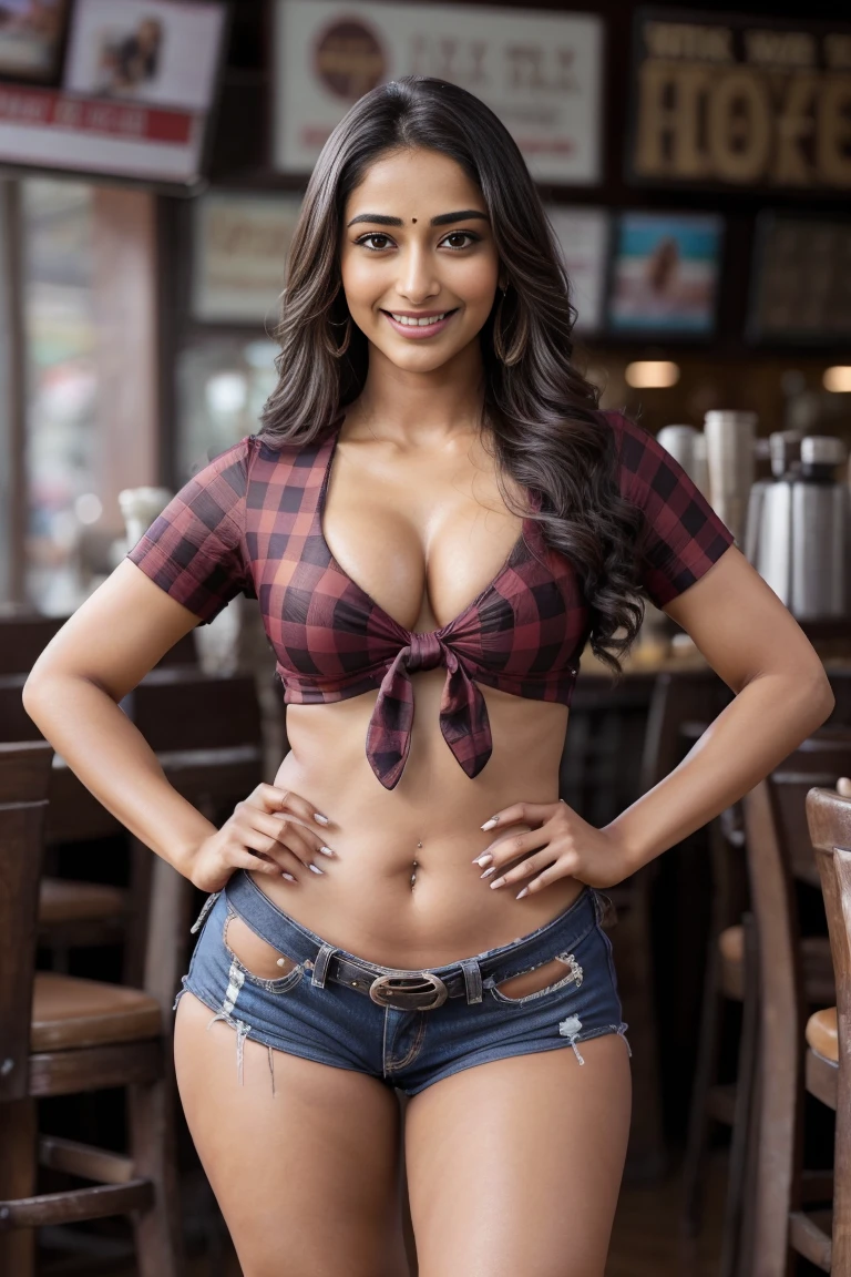 HD wallpaper 32k cinematic shoot of a Beautiful cute girl, Pooja Hegde, twin peaks waitress, with thick thighs and a slim waist, horny, seductively, in a cafe, ((lowwaist)), ((standing beside a man)), (((thick thighs)))