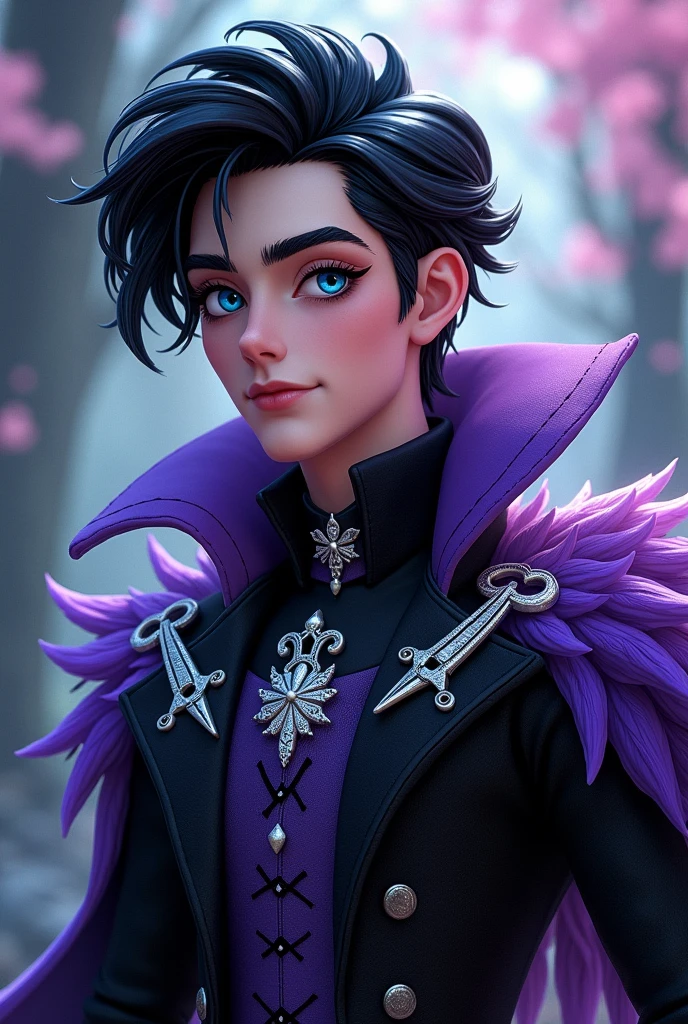 Imagem do filho da Duquesa Swan e da Poppy O'Hair de Ever After High: An older teenager, with black hair, blue colored eyes, black and purple outfit with swan elements and silver scissors
