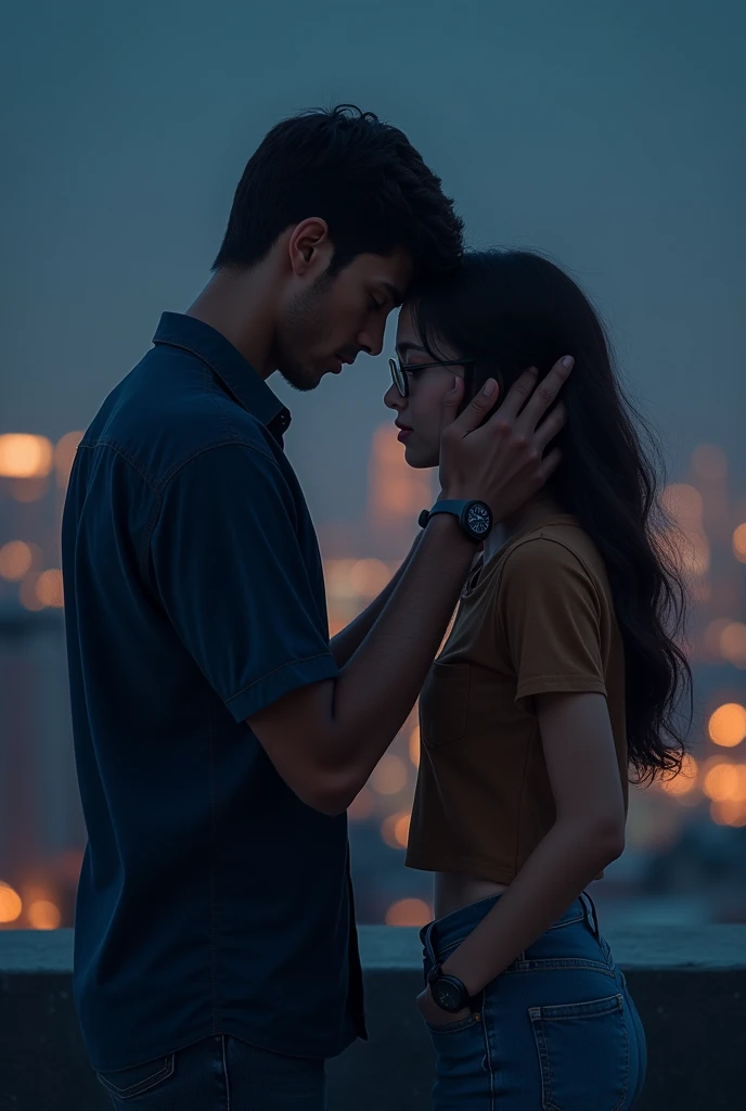 The lovers got separated on the rooftop at night. The men were wearing dark blue shirts and jeans and smart watches, while the women were wearing brown tops and jeans. The woman is also wearing glasses and the man has also sworn by placing his hand on her head