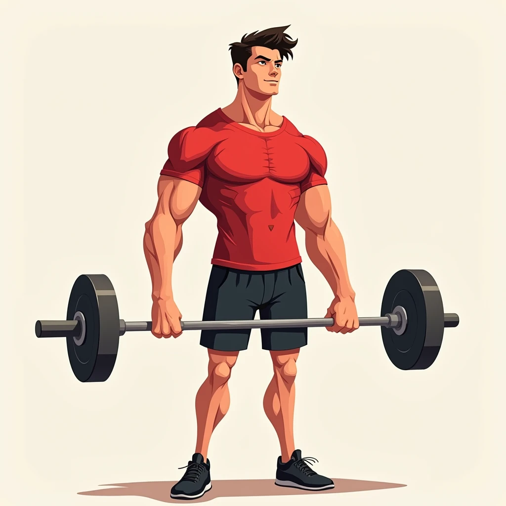 best quality, masterpiece, fill frame, zoomed out, character design, full body, head to toe, vector cartoon, poster of handsome young man, wearing plain red tshirt and black shorts, closed smile while lifting a straight barbell, no nipples, perfect fingers, perfect hands, perfect face, perfection, no background