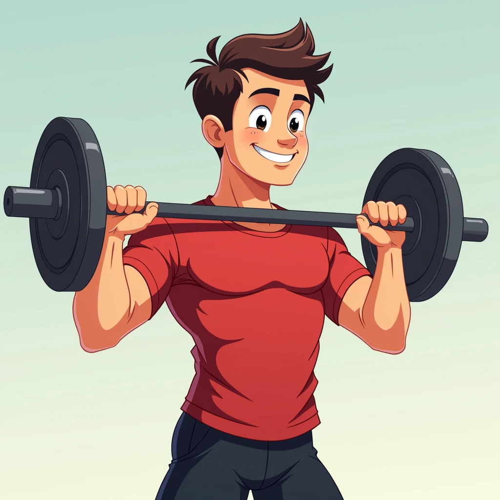 best quality, masterpiece, fill frame, zoomed out, character design, full body, head to toe, vector cartoon, poster of handsome young man, wearing plain red tshirt and black shorts, closed smile while lifting a straight barbell, no nipples, perfect fingers, perfect hands, perfect face, perfection, no background