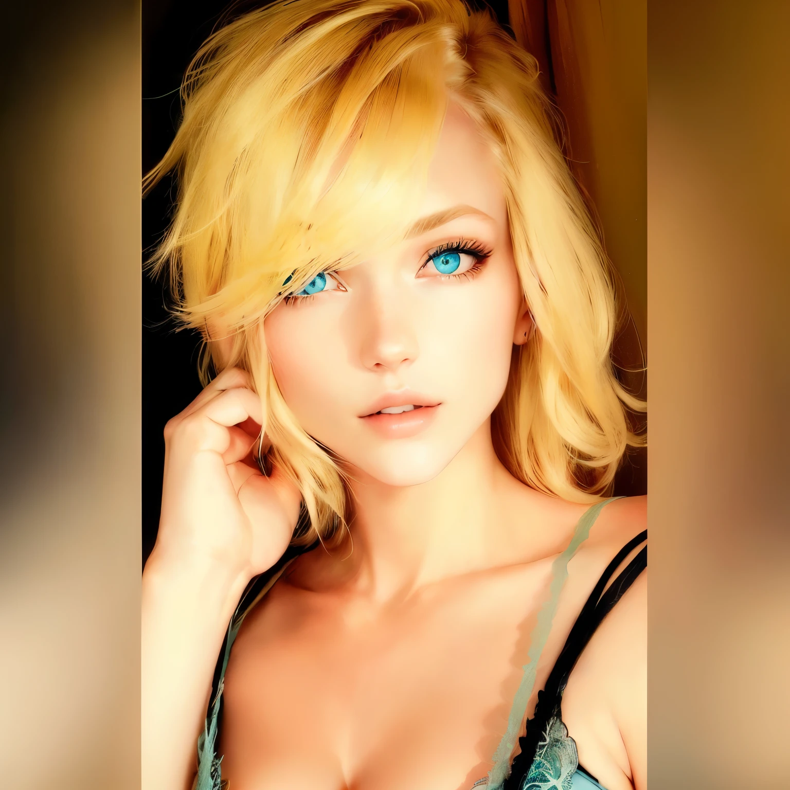blond woman with blue eyes and a green bra top posing for a picture, blonde hair and large eyes, short blonde hair with bangs, blond hair blue eyes, beth cavener, blue eyes and blond hair, blonde hair and blue eyes, profile image, tia masic, devon cady-lee, sexy girl with blue eyes, blonde hair blue eyes