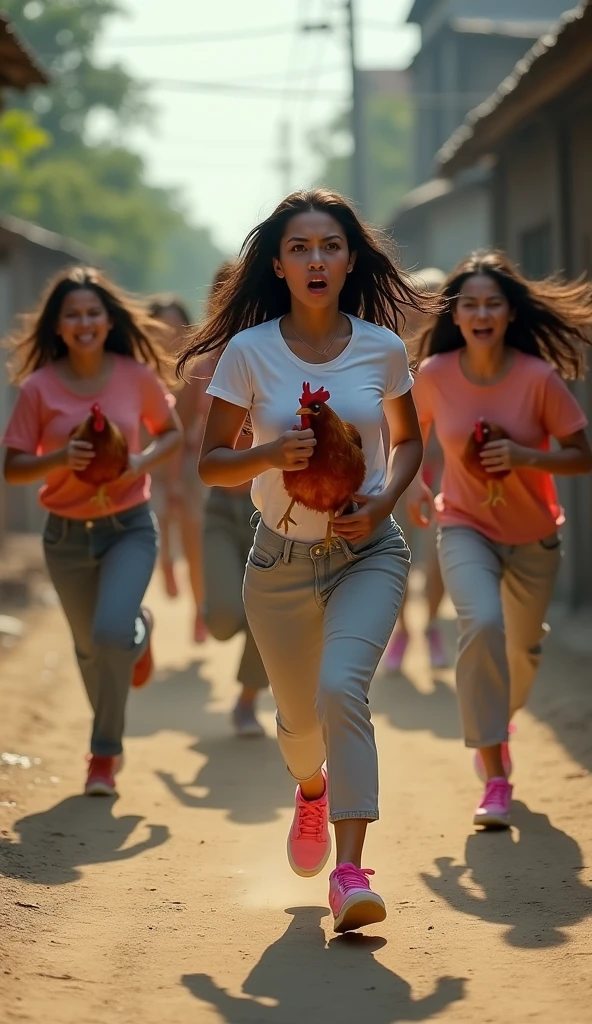 6 beautiful Indonesian women, white skin, long wavy hair, wearing t-shirts and trousers, wearing pink sneakers, faces screaming with anger, running, all holding red chickens, behind many people chasing, on the village street, minimal defects, very detailed, XXMix_9realistic