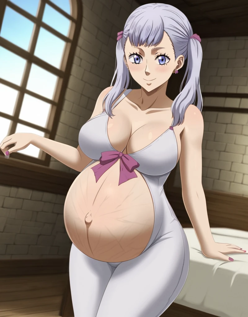 noelle_blackclover, Noelle Silva, Black Clover, long silver hair, waist-length hair, half-up half-down hairstyle, ribbon, side-parted bangs, almond-shaped blue eyes, high-quality, ultra-detailed, beast quality, 8K resolution,
looking at viewer, dutch angle, cowboy shot, smile, pregnant belly, large belly, big belly, big Breasts, Stretch marks,
1girl,solo, indoors, happy, Smiling, rub belly,
full body, Nail polish, Earrings,