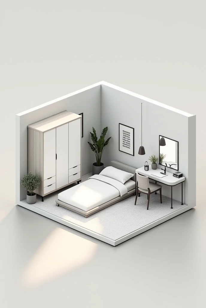 It creates a white gray rectangular small room, with a wardrobe and a desk, a bed and a place to do your make-up