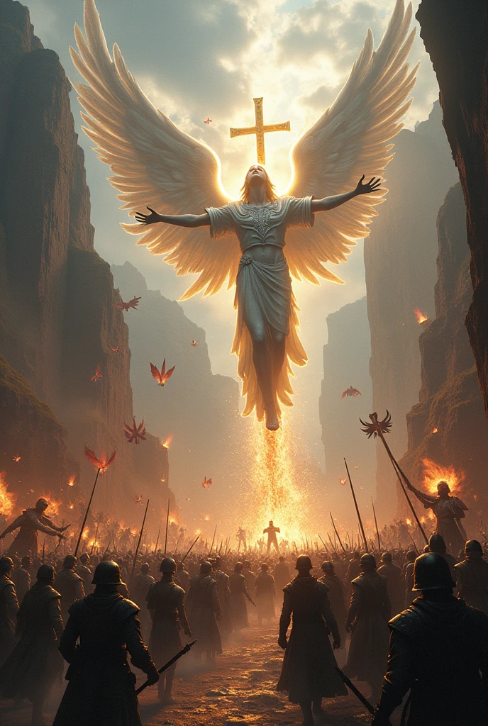 (photorealism:1.2), a fantasy world, with christian theme with the cross, war of the angels against demons and as well as mortals war against each other in the background.

INFO