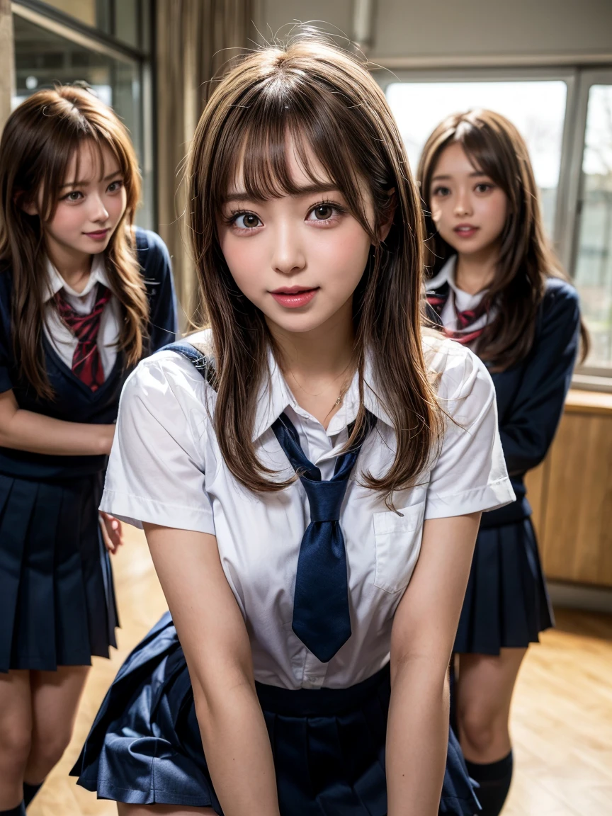 Browsing Caution, ((masterpiece)), ((Highest quality)), (Very detailedな), ((cute)), cute, (Multi-point), ((sexy)), (device), ((Very detailed)), 4K, (8k), Highest quality, (beautiful), hyper cute face, shape, Anime Style,hyper Genuineistic, Genuine, Dynamic Angle, ((whole body)), close, Thick outline, Clear contours, at school, (Three Girls, 3 cute girls:1.5), (Schoolgirl Uniform :1.5), beautiful light brown hair, beautiful brown eyes, ((beautiful eyes)), (Leaning forward:1.5), (Under the skirt:1.5), short hair, Big Breasts, smile( Vulgar:1.3)Sexually excited女性, On the verge of orgasm, Sexually excited, Breathless face,Masturbation,Sweaty,Wearing a high school uniform,In the woods、Hands in pants