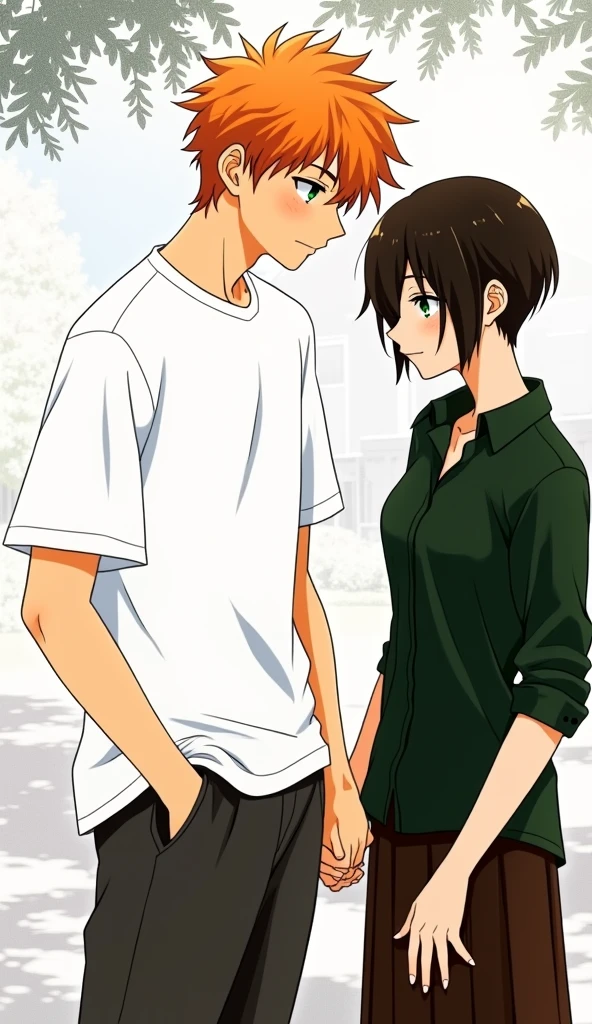 Guy with orange hair and green eyes, white T-shirt, dark gray pants, holding the hand of a girl with very short dark brown hair, black eyes, in a dark green shirt and dark brown skirts, anime art, masterpiece, realistic, over-detailed, professional quality