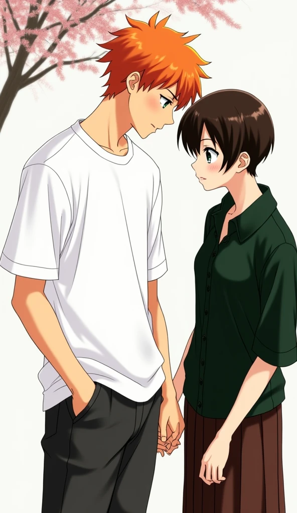 Guy with orange hair and green eyes, white T-shirt, dark gray pants, holding the hand of a girl with very short dark brown hair, black eyes, in a dark green shirt and dark brown skirts, anime art, masterpiece, realistic, over-detailed, professional quality
