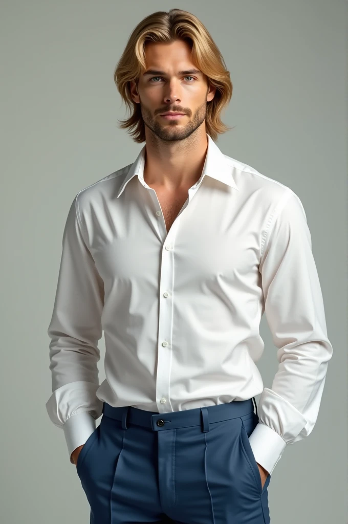 A tall handsome white man with straight hair, golden bangs and green eyes dressed in a white shirt and blue pants