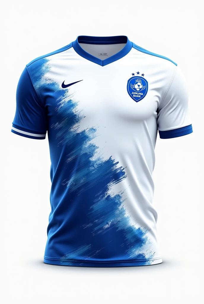 White football team jersey, deep blue brush paint illustration of parts of cool soccer ball image on body.
Jamuna bank plc logo on one side of chest