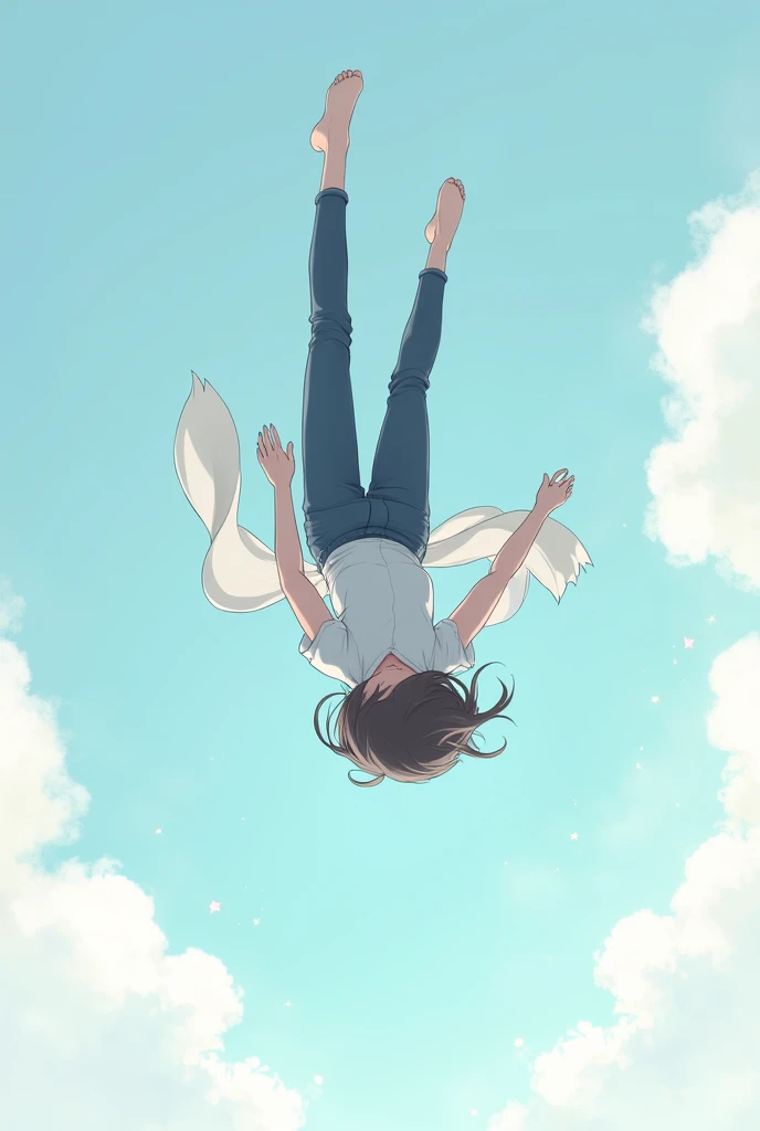 perspective: Draw the scene from above, showing the girl falling. The angle should allow you to see the girl's hair and clothes while her back is turned..
The girl: Draw her hair short and loose, moving up due to the effect of the fall. Wear a white short-sleeved or sleeveless blouse and skinny jeans..
sky: Use a light sky blue or soft toned color. Add some fluffy clouds in the background to give depth.
motion: Add soft lines around hair and clothing to give the impression of fast movement and free fall..
Additional Details: Consider adding small sparkles or glitter to give it a magical touch., and adjust the light and shadows to highlight the feeling of falling.