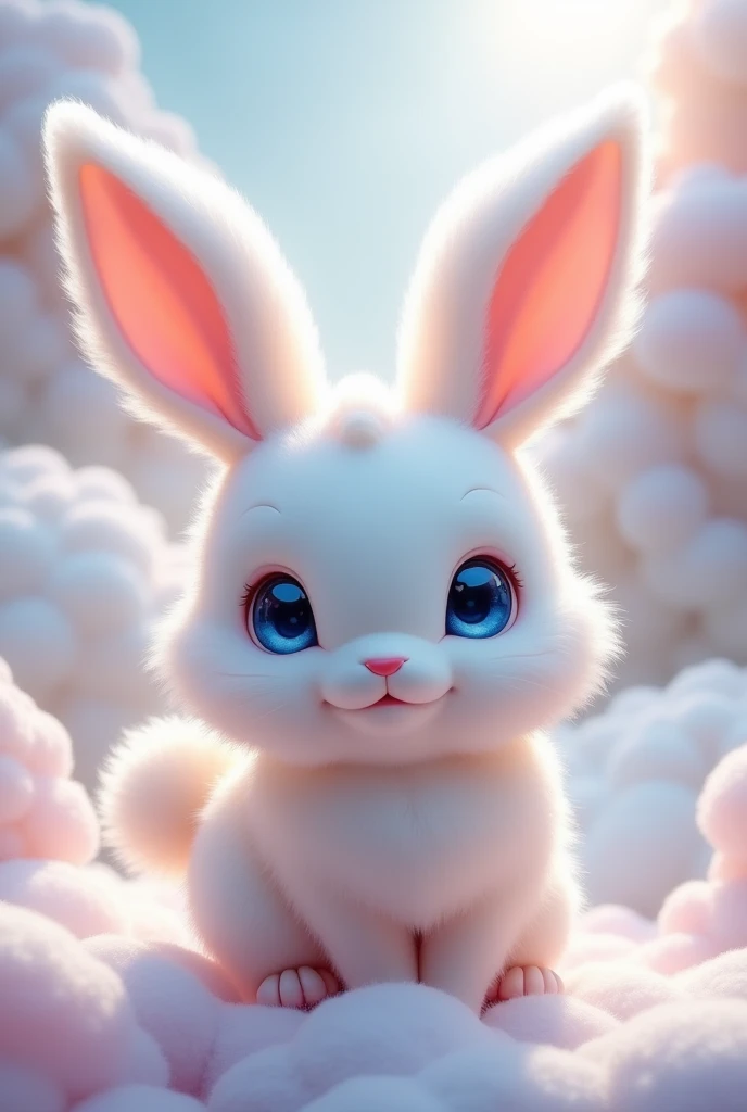 (ultra detailed), This creature resembles a small rabbit, with fluffy, cloud-like fur all over its body. The fur is pastel pink and white, and feels soft and fluffy to the touch. Its ears are large, with lightly curled tips, and its eyes are large, blue, and sparkling. Its tail is shaped like a small cotton candy, and wobbles gently as it walks.