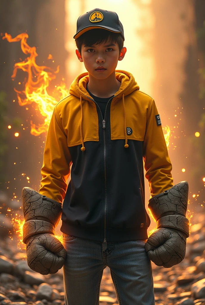 Malaysia man. real  . 15 Malaysiandonesia. (Yello eyes) Anger face . wearing an (black yellow ) zip-up shirt, (black yellow ) cap with small (mountain) logo, detailed face. Glowing eyes. , cinematic lighting, dramatic atmosphere, vibrant colors, 8k, high quality, photorealistic. Hero suit. (Earthquake come from his hand.wear two big gaunlet made from cracking rock color black yellow glowing .jeans pants. Very strong. Future design dress. Very epic. Earthquake everywhere. Shaking photography effect.