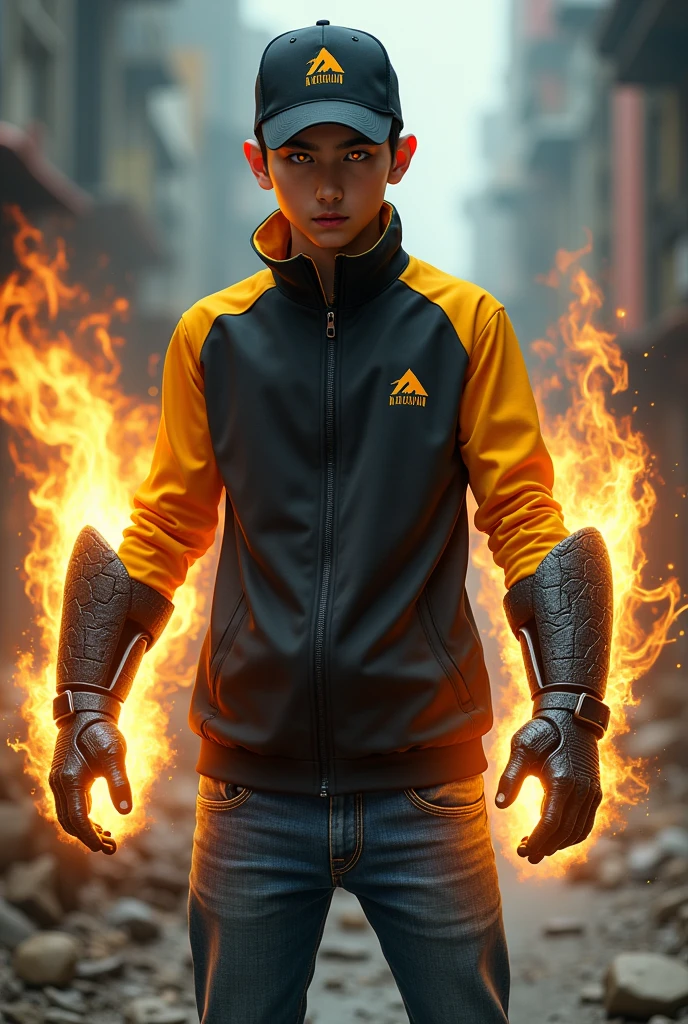 Malaysia man. real teenage age . 15 Malaysia Indonesia. (Yello eyes) Anger face . wearing an (black yellow ) zip-up shirt, (black yellow ) cap with small (mountain) logo, detailed face. Glowing eyes. , cinematic lighting, dramatic atmosphere, vibrant colors, 8k, high quality, photorealistic. Hero suit. (Earthquake come from his hand.wear two big gaunlet made from cracking rock color black yellow glowing .jeans pants. Very strong. Future design dress. Very epic. Earthquake everywhere. Shaking photography effect.