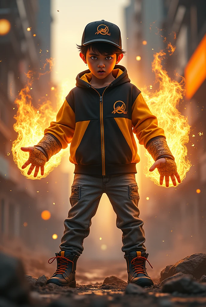 Malaysia man. real teenage age . 15 Malaysia Indonesia. (Yello eyes) Anger face . wearing an (black yellow ) zip-up shirt, (black yellow ) cap with small (mountain) logo, detailed face. Glowing eyes. , cinematic lighting, dramatic atmosphere, vibrant colors, 8k, high quality, photorealistic. Hero suit. (Earthquake come from his hand.wear two big gaunlet made from cracking rock color black yellow glowing .jeans pants. Very strong. Future design dress. Very epic. Earthquake everywhere. Shaking photography effect.