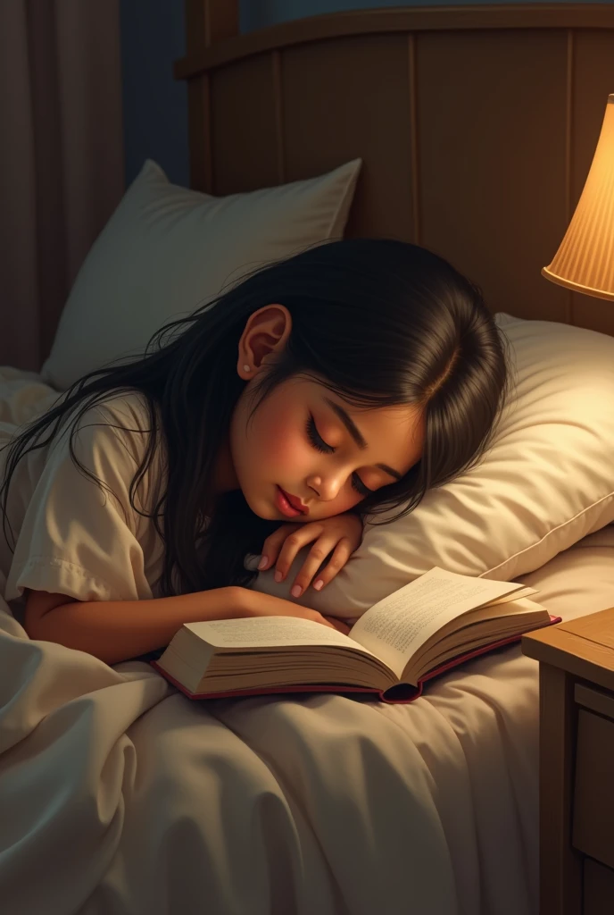 Indian Girl sleeping on a bed reading a book