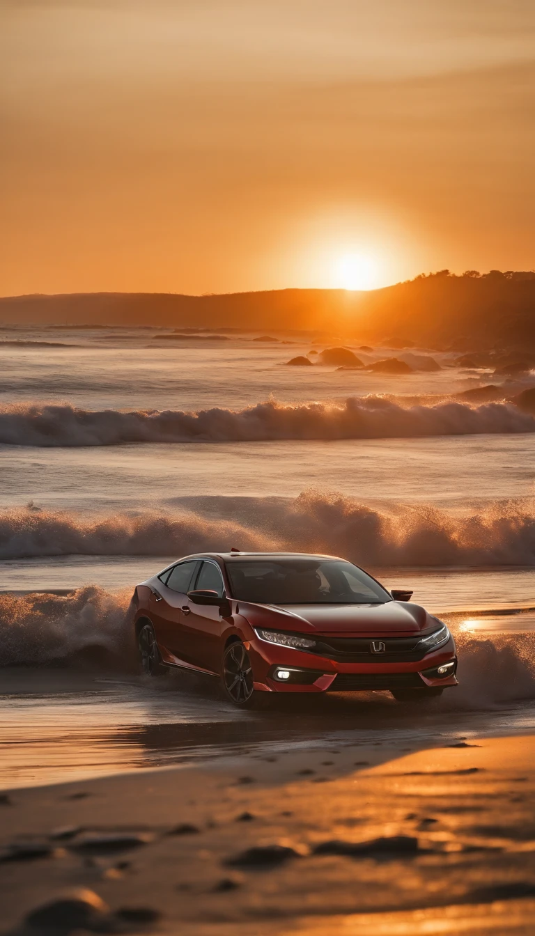 (Extremely detailed CG unity 8k wallpaper), A 2018 Honda Civic Touring model, in a beach, with red orange and blue sunset