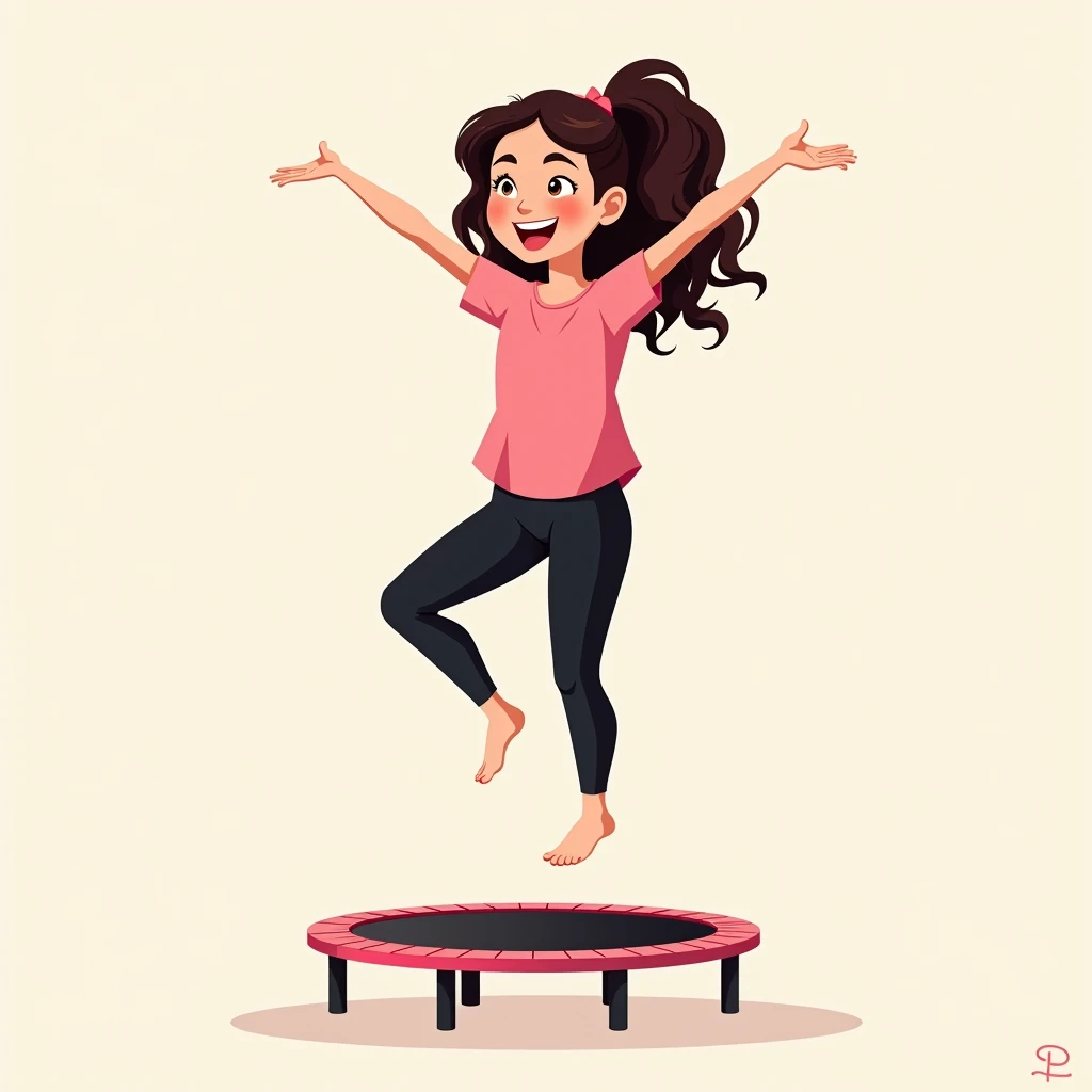 best quality, masterpiece, fill frame, zoomed out, character design, full body, head to toe, vector cartoon, poster of young woman, small breasts, wearing plain pink tshirt and long black leggings, smile while bouncing on small trampoline, perfect fingers, perfect hands, perfect face, perfection, no background