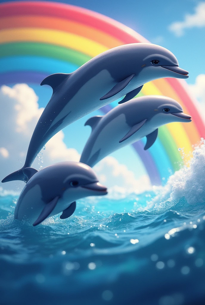 dolphins jumping over rainbows. very saturated