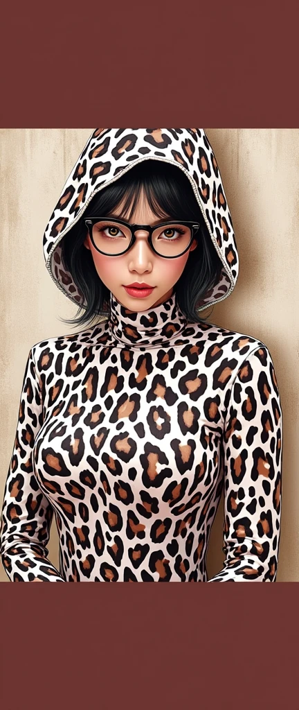 a most beautiful Chinese woman named Cikgu Soon with a pair of black glasses wears animal print turtleneck unitard catsuit.She wears an animal print hijab-like hood.