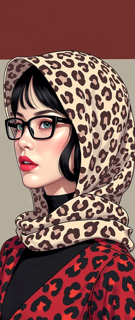 a most beautiful Chinese woman named Cikgu Soon with a pair of black glasses wears animal print turtleneck unitard catsuit.She wears an animal print hijab-like hood.