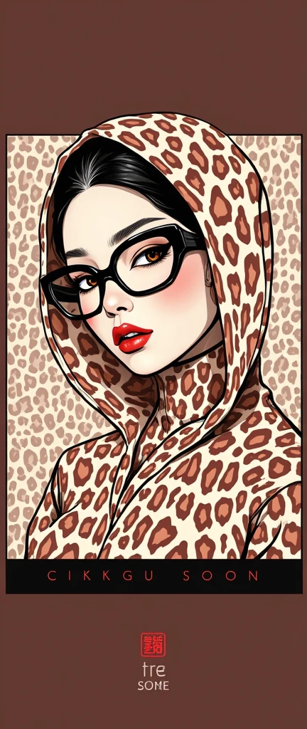 a most beautiful Chinese woman named Cikgu Soon with a pair of black glasses wears animal print turtleneck unitard catsuit.She wears an animal print hijab-like hood.