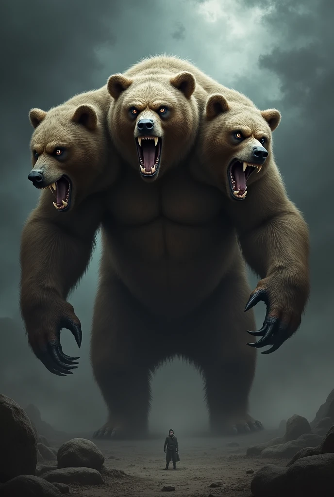 一頭のBearから頭が3つ生えている、Angry、Bear