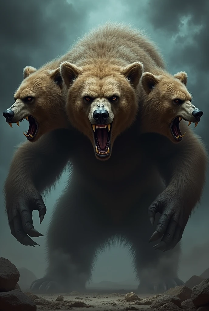 一頭のBearから頭が3つ生えている、Angry、Bear