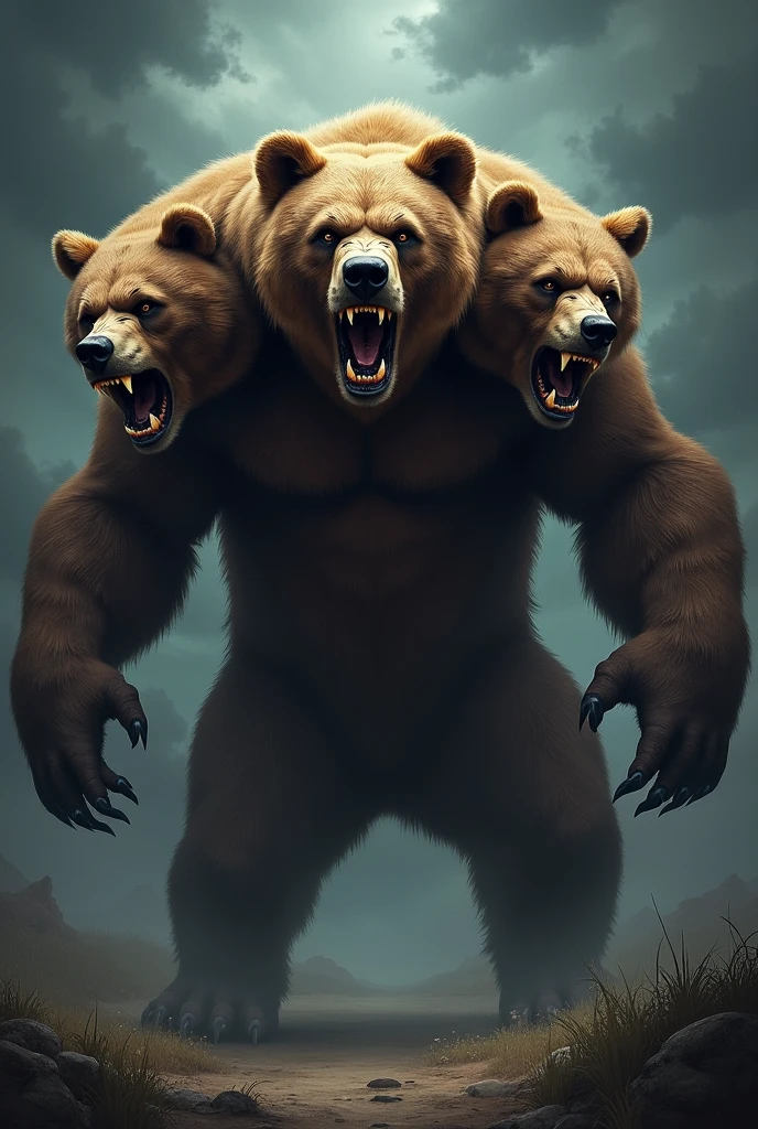 一頭のBearから頭が3つ生えている、Angry、Bear