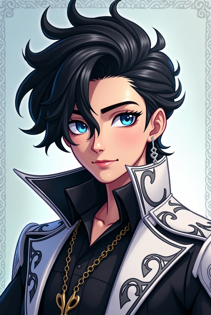Imagem do filho da Duquesa Swan e da Poppy O'Hair de Ever After High: An older ager, with black hair, blue colored eyes, black and white outfit with swan elements and silver scissors
