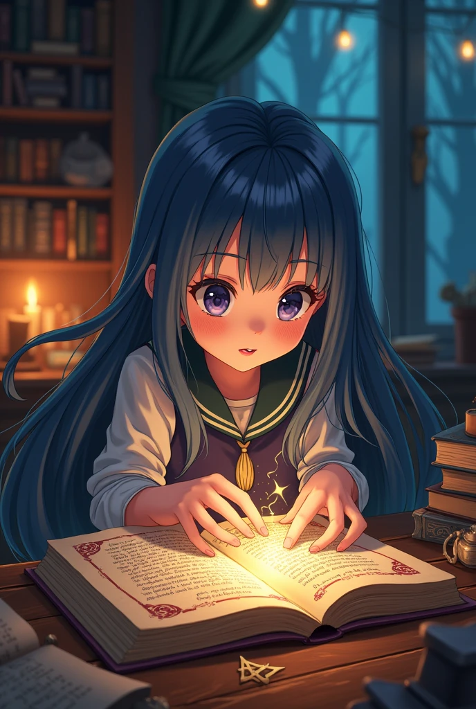 Anime girl young witch try using magic for first time with book