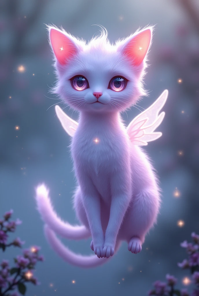 (ultra detailed), Misty Cat, Lavender Paw, Dream Kitty
Appearance: This creature resembles a small cat, with pale purple fur all over its body. The fur is soft, and feels silky smooth to the touch. Its eyes are large, iridescent, and the tips of its ears are star-shaped. Its tail is long, with a small star at the end, and stars fly out as it walks. It has small wings on its feet, allowing it to float gently.