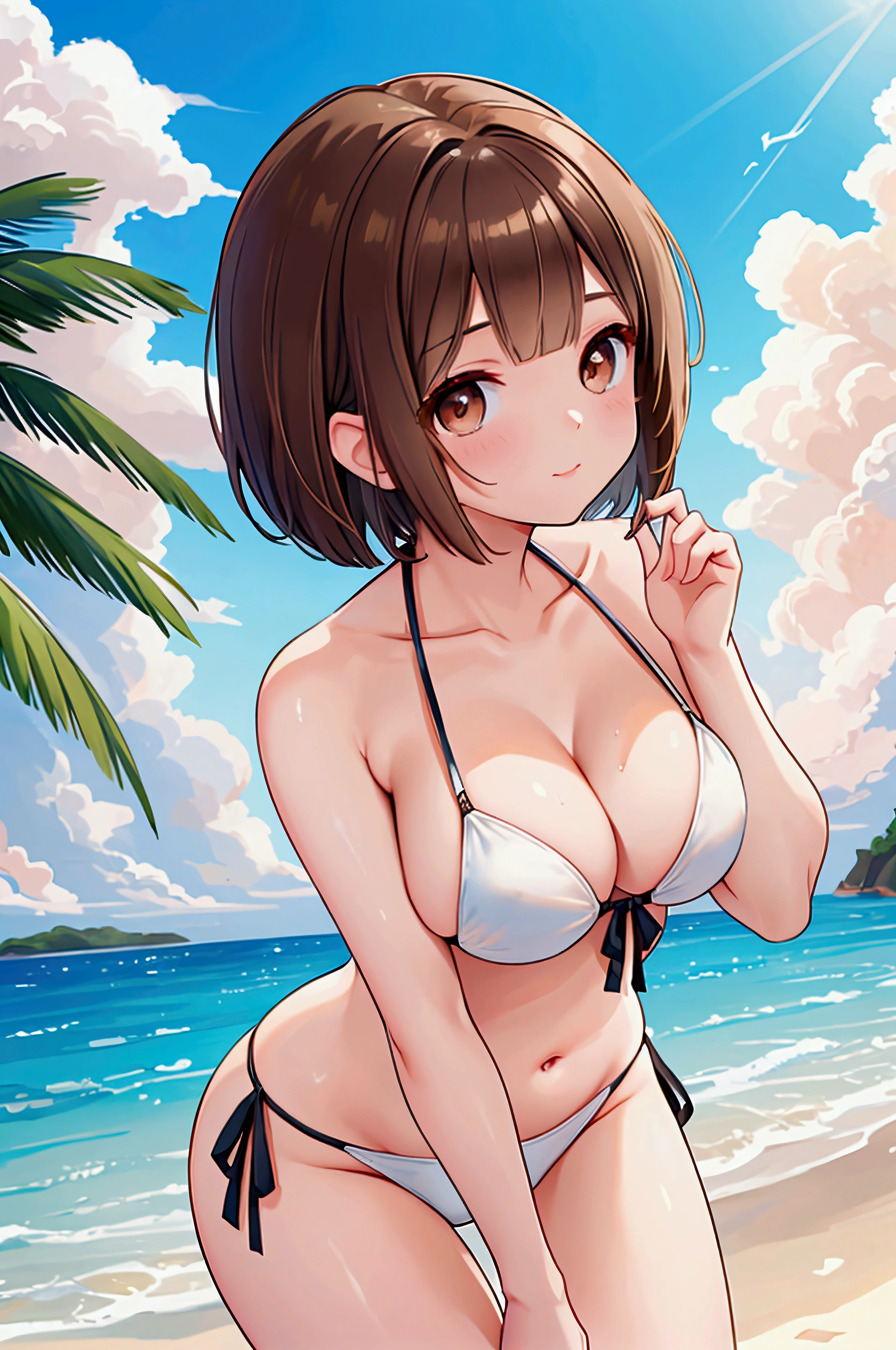 Photorealistic、Highest quality、Highest Resolution、Highest quality、16K、1 beautiful adult woman、Cute face、Delicate face、Bob cut hair、Ash brown hair color、Brown eyes、Delicate eyes、Beautiful Eyes、Beautiful breasts、Big Breasts、valley、bikini、Sexy pose、Dynamic Angle、Evening sea、Evening beach、