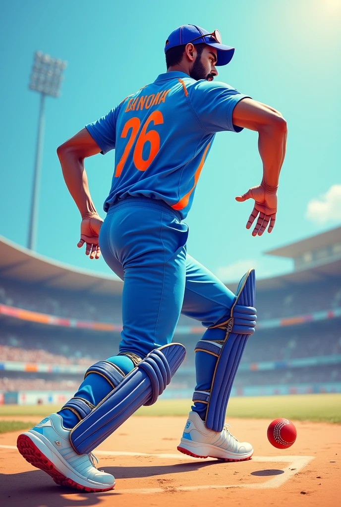 Give me a blue jersey with INDIA written on the back of the jersey and a cricket player throwing the ball in white sneakers from behind，Show back,顶光drop shadow, anaglyph, stereogram, tachi-e, ass pov, atmospheric perspective, 8k, super detail, best quality