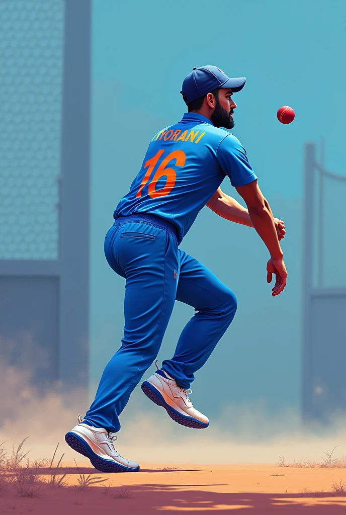 Give me a blue jersey with INDIA written on the back of the jersey and a cricket player throwing the ball in white sneakers from behind，Show back,顶光drop shadow, anaglyph, stereogram, tachi-e, ass pov, atmospheric perspective, 8k, super detail, best quality