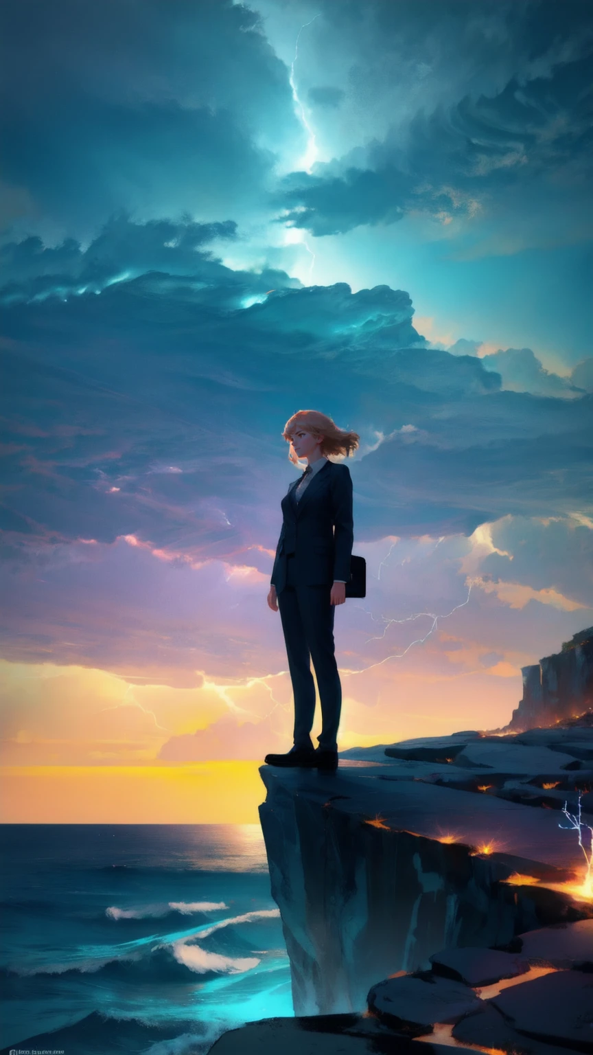 A cute girl in a business suit stands on the edge of a cliff overlooking a vast, stormy ocean under a deep blue sky. The waves crash violently against the rocks below, and large golden Bitcoin coins are being tossed around by the turbulent waters. The person’s expression is one of fear mixed with determination as they clutch a briefcase labeled "Weak Hands Shakeout." Lightning strikes in the distance, illuminating the dark clouds, symbolizing the chaos and uncertainty of the financial world.