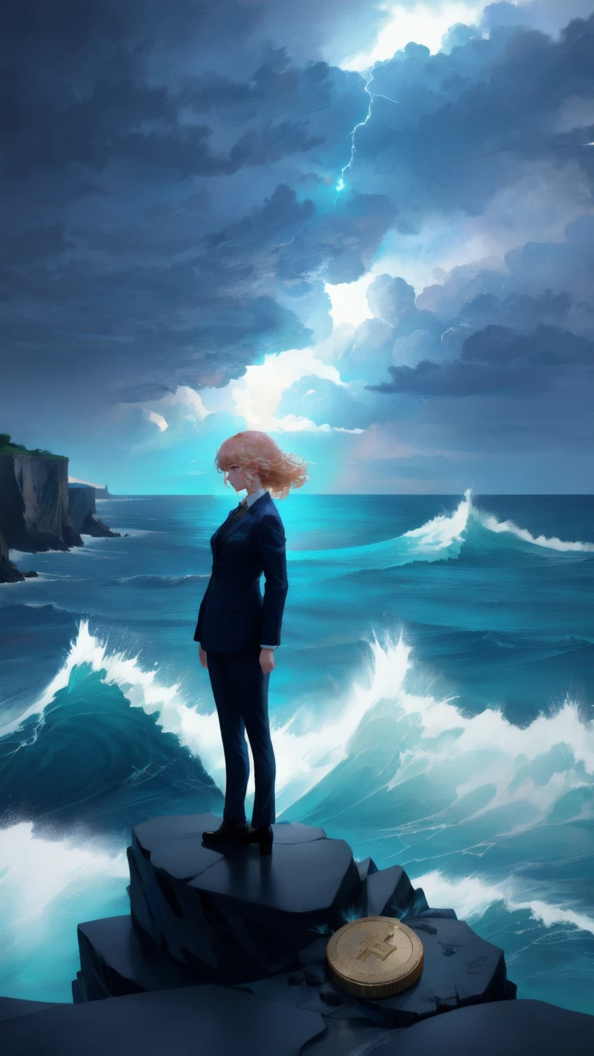 A cute girl in a business suit stands on the edge of a cliff overlooking a vast, stormy ocean under a deep blue sky. The waves crash violently against the rocks below, and large golden Bitcoin coins are being tossed around by the turbulent waters. The person’s expression is one of fear mixed with determination as they clutch a briefcase labeled "Weak Hands Shakeout." Lightning strikes in the distance, illuminating the dark clouds, symbolizing the chaos and uncertainty of the financial world.