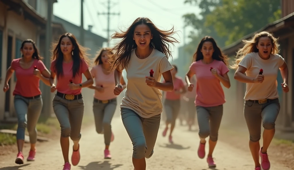 6 beautiful Indonesian women, white skin, long wavy hair, wearing t-shirts and trousers, wearing pink sneakers, faces screaming with anger, running, all holding red chickens, behind many people chasing, on the village street, minimal defects, very detailed, XXMix_9realistic