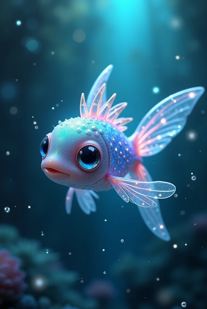 (ultra detailed), This creature looks like a small fish, with its entire body covered in iridescent scales. The scales reflect light and sparkle, making it look like jewels. Its eyes are large and blue, with small stars floating around them. Its fins are transparent, with small light particles on the tips, and they leave a trail of light as it swims. It has small wings on its dorsal fin, allowing it to move freely in both water and air.