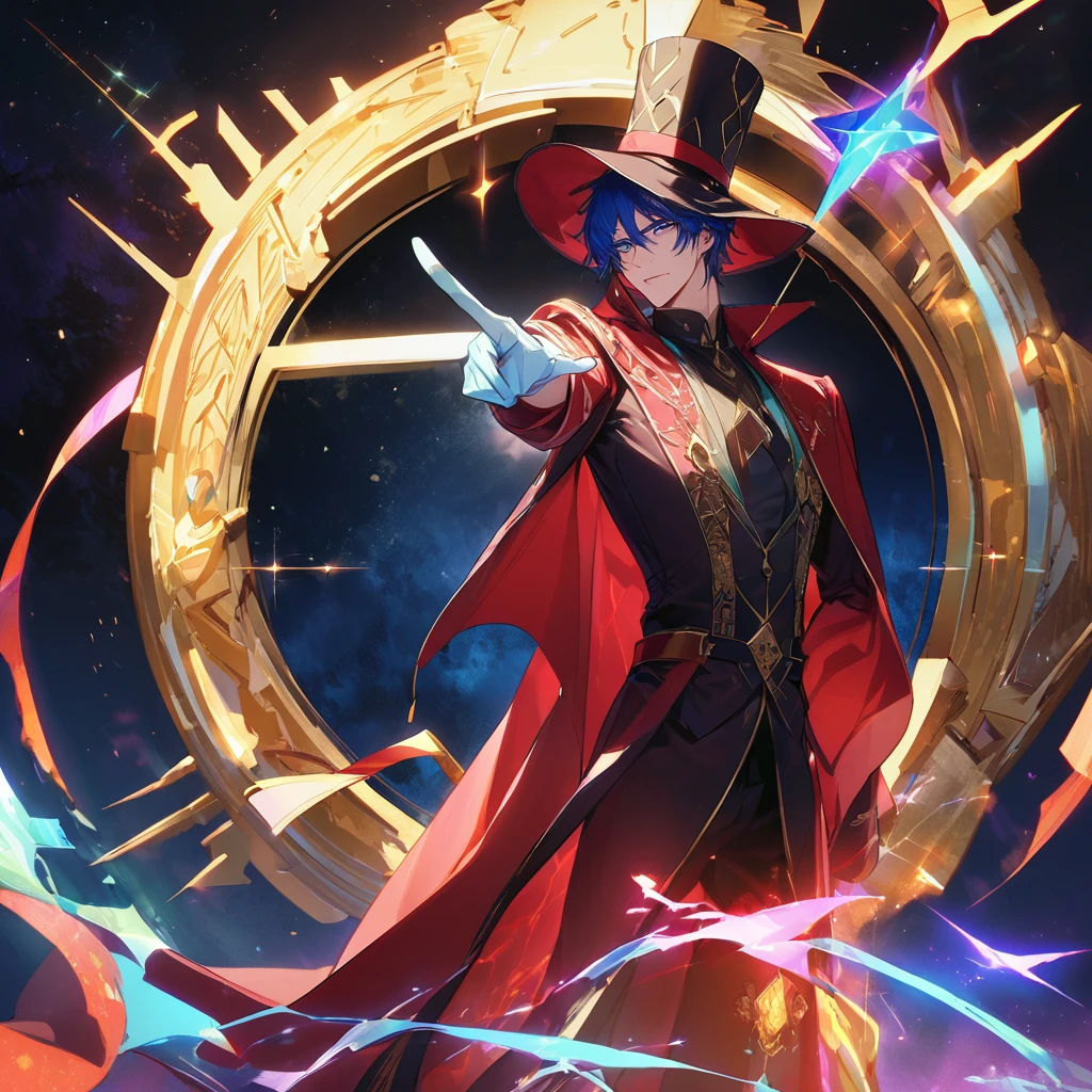 The Magician Tarot cards, (Young man, 1 man, adult, handsome, Delicately detailed blue eyes and a detailed face., The demonic eyes stared at him., A mysterious mask covers his face., Best shots,special, (Broad shoulders)) (muscle),,night sky, Wear a black top hat.((มีTarot cardsประดับหมวก)),Stand with one arm extended and pointing towards the universe., and the other pointing down to the word. His positioning represents his connection between the spiritual realms and the material realms. The magician uses this relationship to create and manifest his goals in the physical realm.. He is the conduit for energy transformed into matter.. The magician's robe is white., It is a symbol of purity., And his coat was black., เป็นตัวแทนประสบการณ์และความรู้ทางword. บนโต๊ะตรงหน้าเขามีสัญลักษณ์สี่ชุดของTarot cards นั่นคือ ถ้วย, five pointed star, Sword and Wand – Each symbolizes one of the four elements – Water., word, air and fire. It's also a sign that he has all the tools. (and components) He needed to make his intentions known.. Overhead is an infinity symbol., And there was a snake biting its own tail around the waist. It was a sign that he could reach his limitless potential.. And the foreground was filled with all kinds of leaves and flowers., It symbolizes the blossoming and fruition of his ideas and aspirations..), Tarot cards, snake, spirit, The atmosphere is gloomy., Detailed lines, cinema, Black paper with colorful lines, luxurious, symmetrical, Tarot cards, Highly detailed, ink illustration, Peter Mohbacher's style, golden ratio, 4K ( By Alessandro Gottardo Victo I )