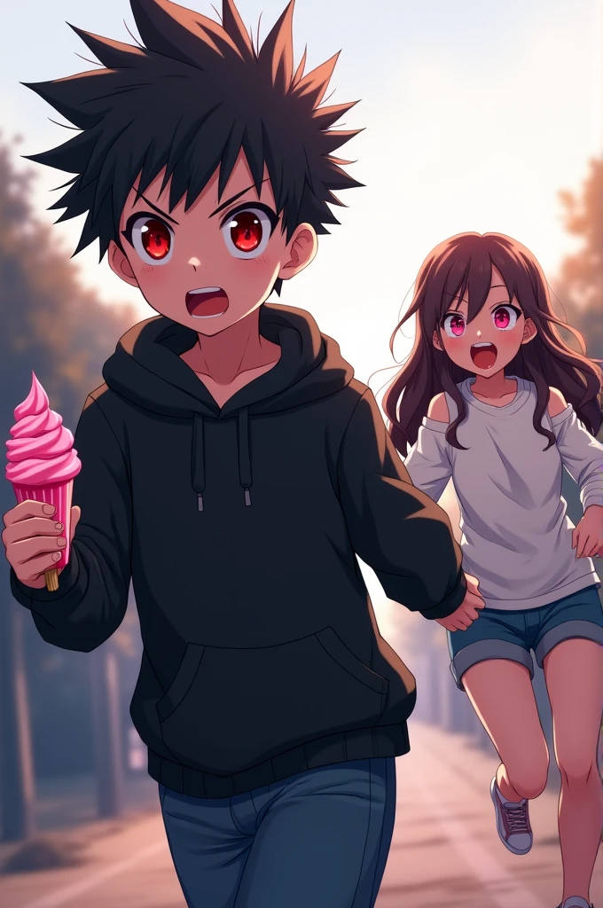 A boy ((( Anime boy , Spiky hair , black hair , black hoodie , blood red eyes , narrowed eye , runs away , holding a pink ice cream 
 ))) , A girl ((( Anime girl , brown hair , long hair , pink eyes , friendly eyes , white long sleeve t shirt , open shoulders , screams "my ice cream!!!" ))) , camera view from behind , faces away