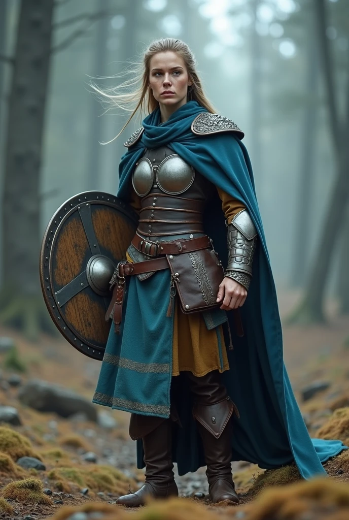Fierce Viking female shield portrait, Embodying courage and resilience in rugged terrain,
