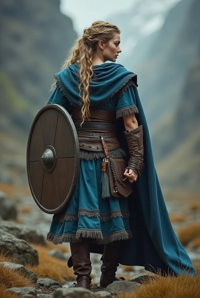 Fierce Viking female shield portrait, Embodying courage and resilience in rugged terrain,