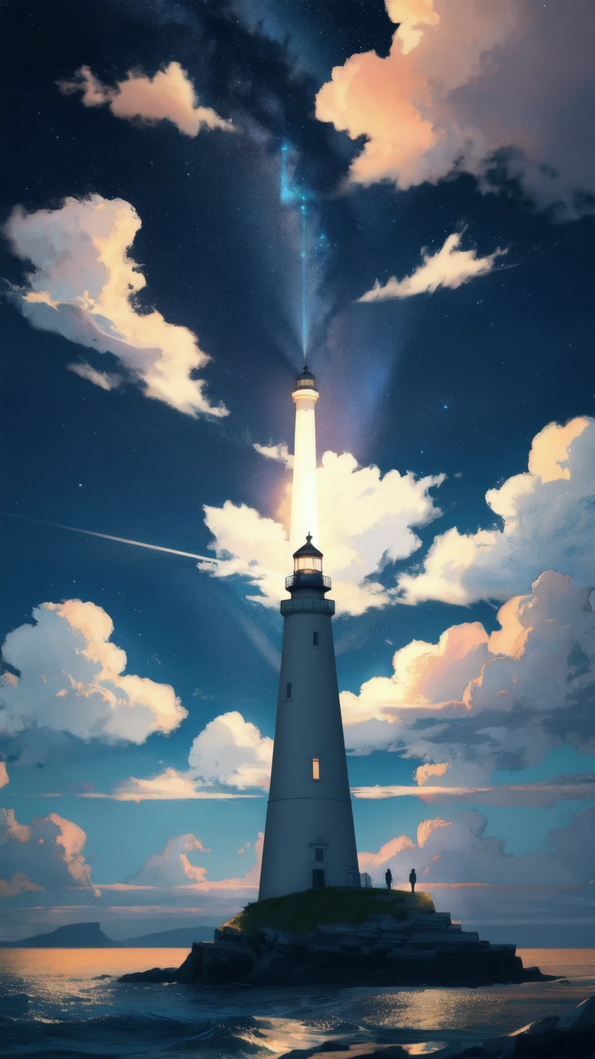 A solitary lighthouse stands tall on a rocky shore under a starry blue night sky. The lighthouse’s beam cuts through the darkness, guiding floating Bitcoin coins that are drifting in the air towards the safety of the shore. A figure stands at the base of the lighthouse, looking up with an expression of hope and relief, wearing a jacket with the words "Weak Hands Shakeout" on the back. The scene conveys the idea of finding guidance and stability in uncertain times.