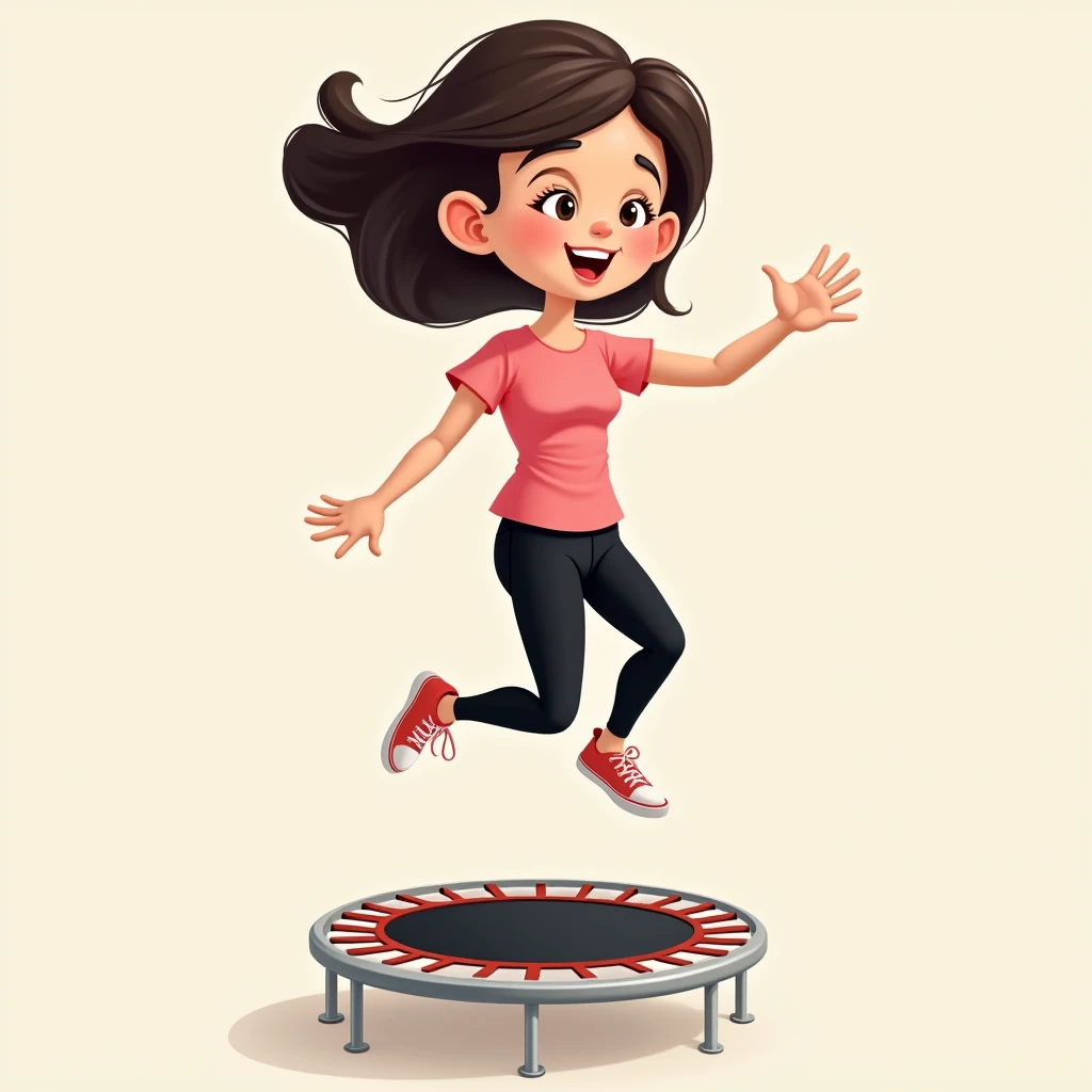 best quality, masterpiece, fill frame, zoomed out, character design, full body, head to toe, vector cartoon, poster of young woman, small breasts, wearing plain pink tshirt and long black leggings, smile while bouncing on small trampoline, perfect fingers, perfect hands, perfect face, perfection, no background