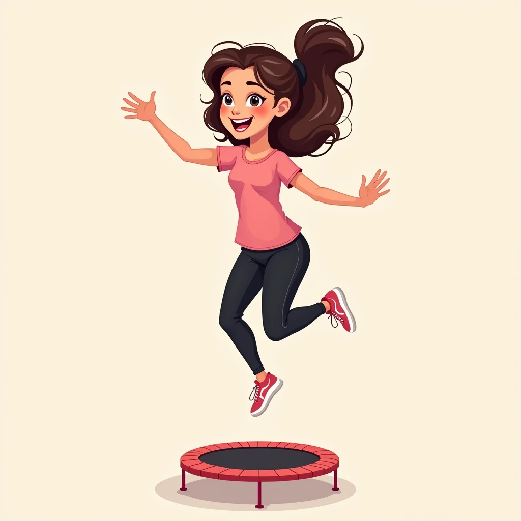 best quality, masterpiece, fill frame, zoomed out, character design, full body, head to toe, vector cartoon, poster of young woman, small breasts, wearing plain pink tshirt and long black leggings, smile while bouncing on small trampoline, perfect fingers, perfect hands, perfect face, perfection, no background